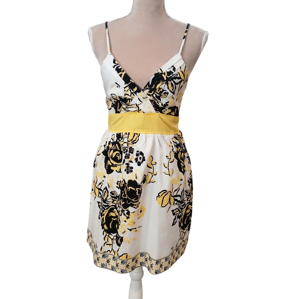 Vtg Y2K Rue 21 Floral Print Spaghetti Strap Sundress Yellow Black White Size S
